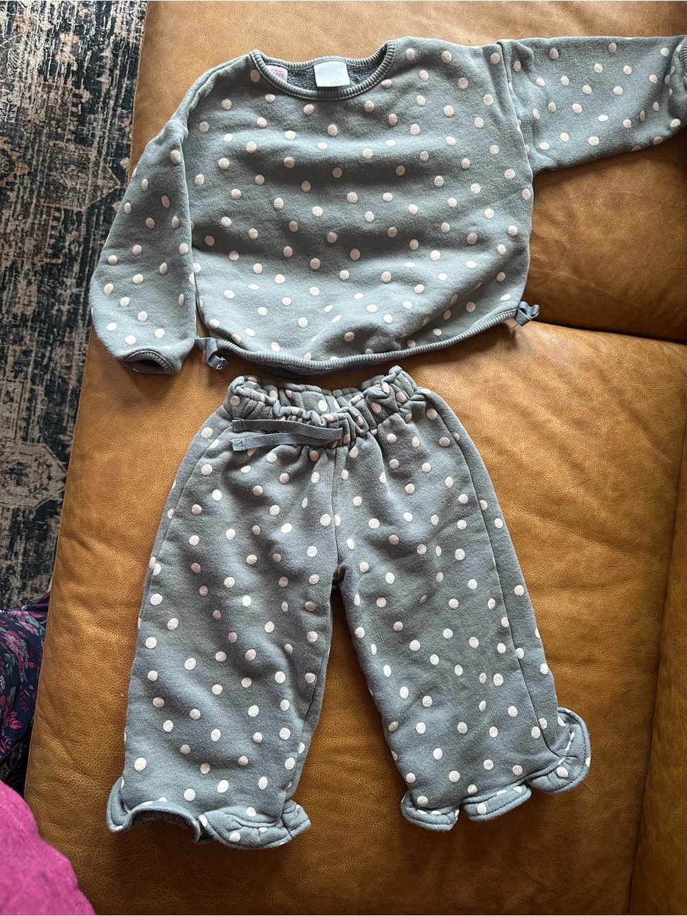 Zara. Kids Polka Dot Sweatpants - Gray with White Dots